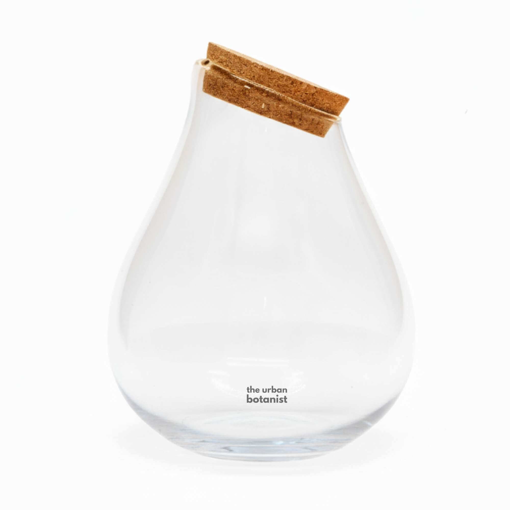 Teardrop-shaped glass terrarium jar with cork lid, elegant closed terrarium container for indoor plant displays.